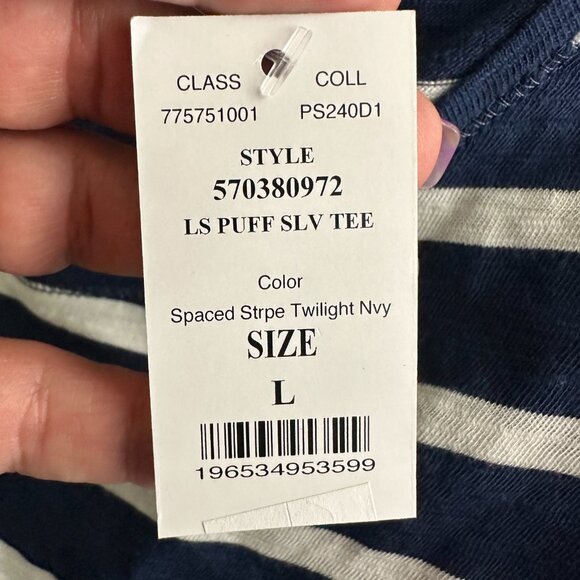 NWT White House Black Market Puff Sleeve Tee Spaced Stripe Twilight Navy #WHBM31 - Picture 6 of 9